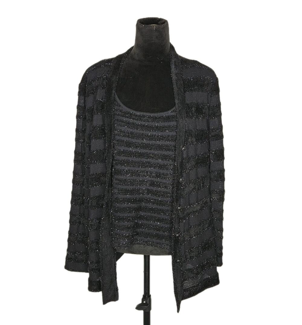 ST. JOHN Evening Shimmer Stripe Old Money Luxe Knit 2Pc Tank Cardigan Set L USA